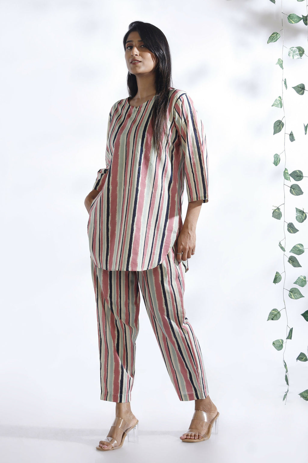 Breathables Women’S Pink Cotton Stripes Loungewear Co-Ord Set | Grocsy