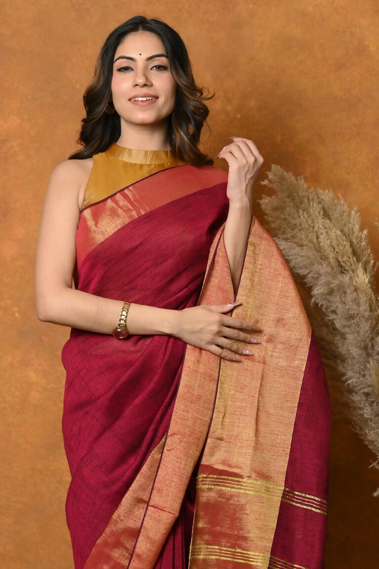 Very Much Indian Handloom Pure Cotton Linen Saree With Golden Border - Maroon | Grocsy