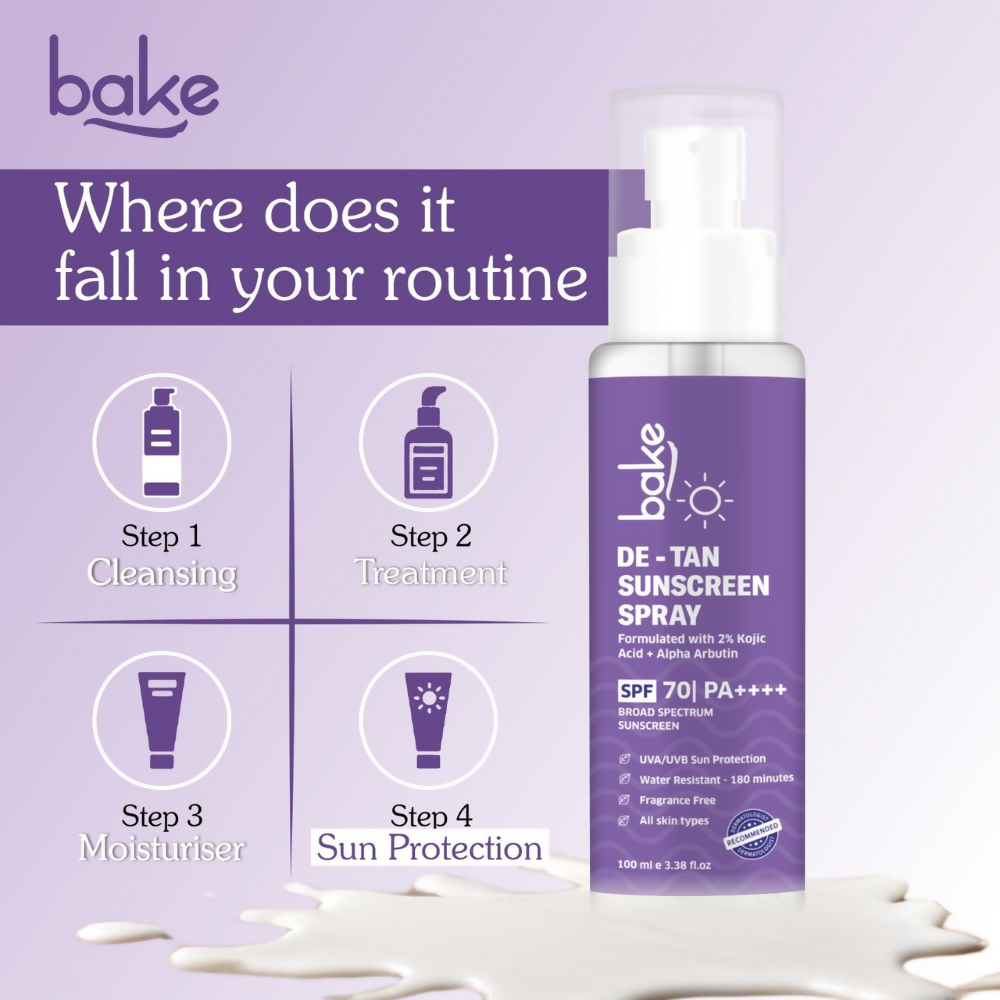Bake De-tan Waterproof Sunscreen Spray SPF 70 PA+++ with 2% Kojic Acid | Grocsy