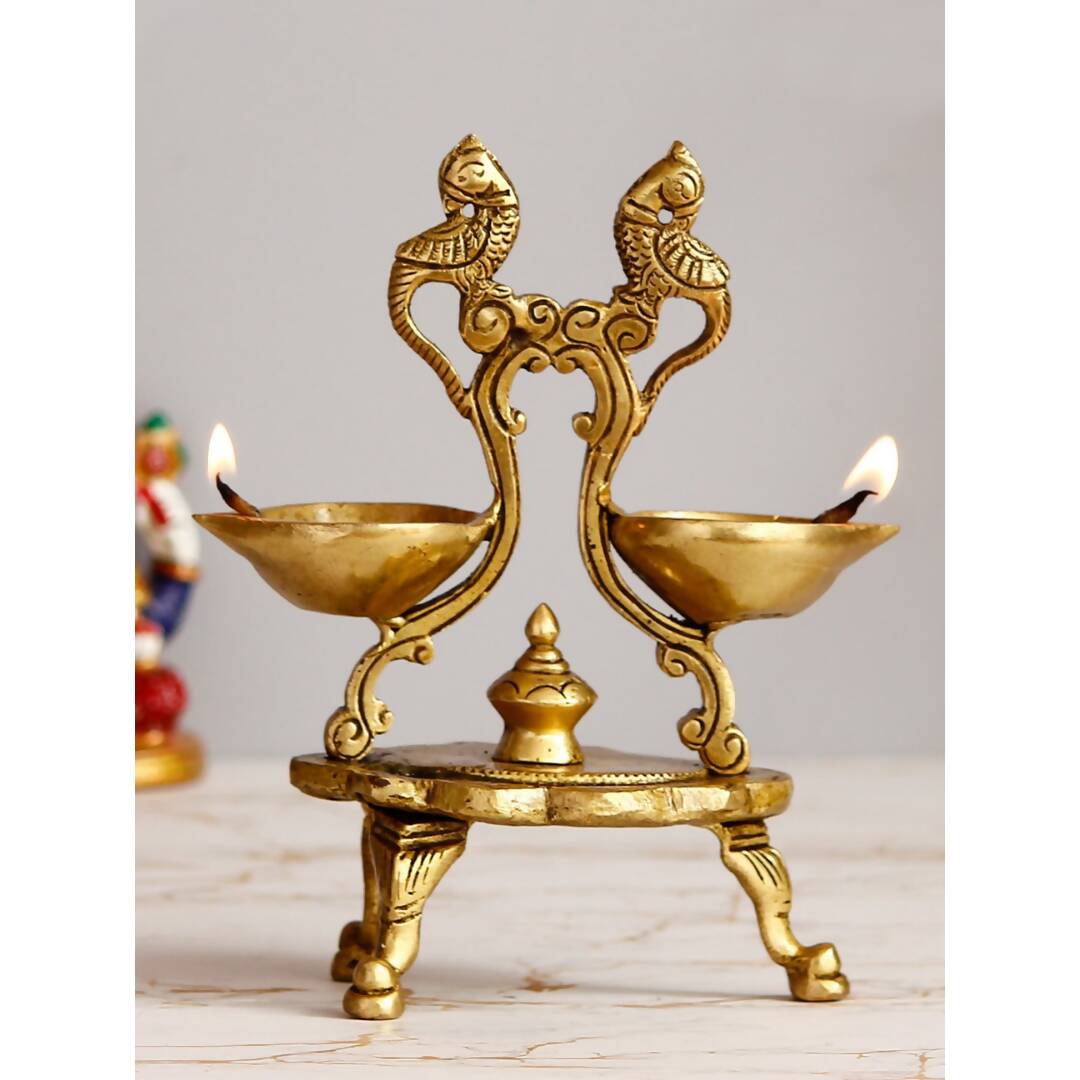 eCraftIndia Gold Toned Parrot Design Brass Handcrafted Diya With Stand | Grocsy
