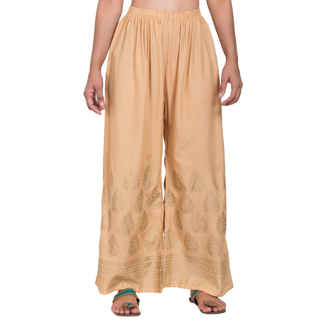 PAVONINE Beige Color Golden Printed Rayon Fabric Sharara For Women & Girls | Grocsy