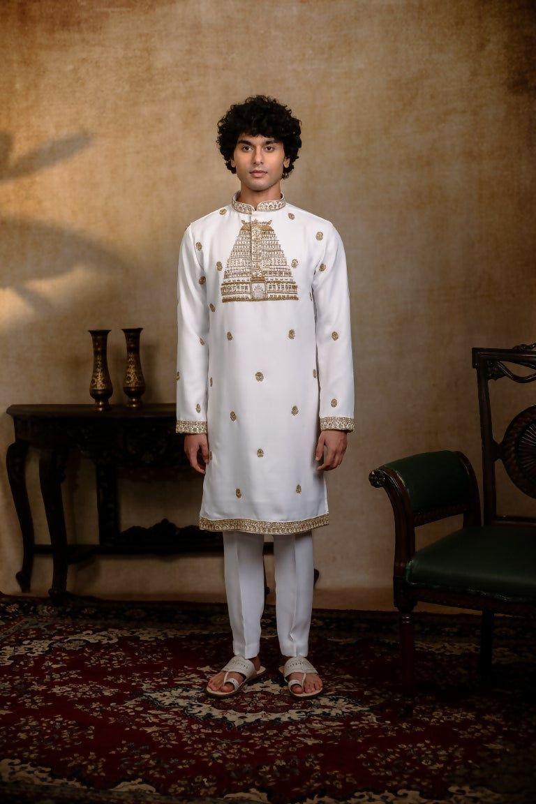 Falling Raw Silk White Devalaya Kurta By Hilo Design | Grocsy