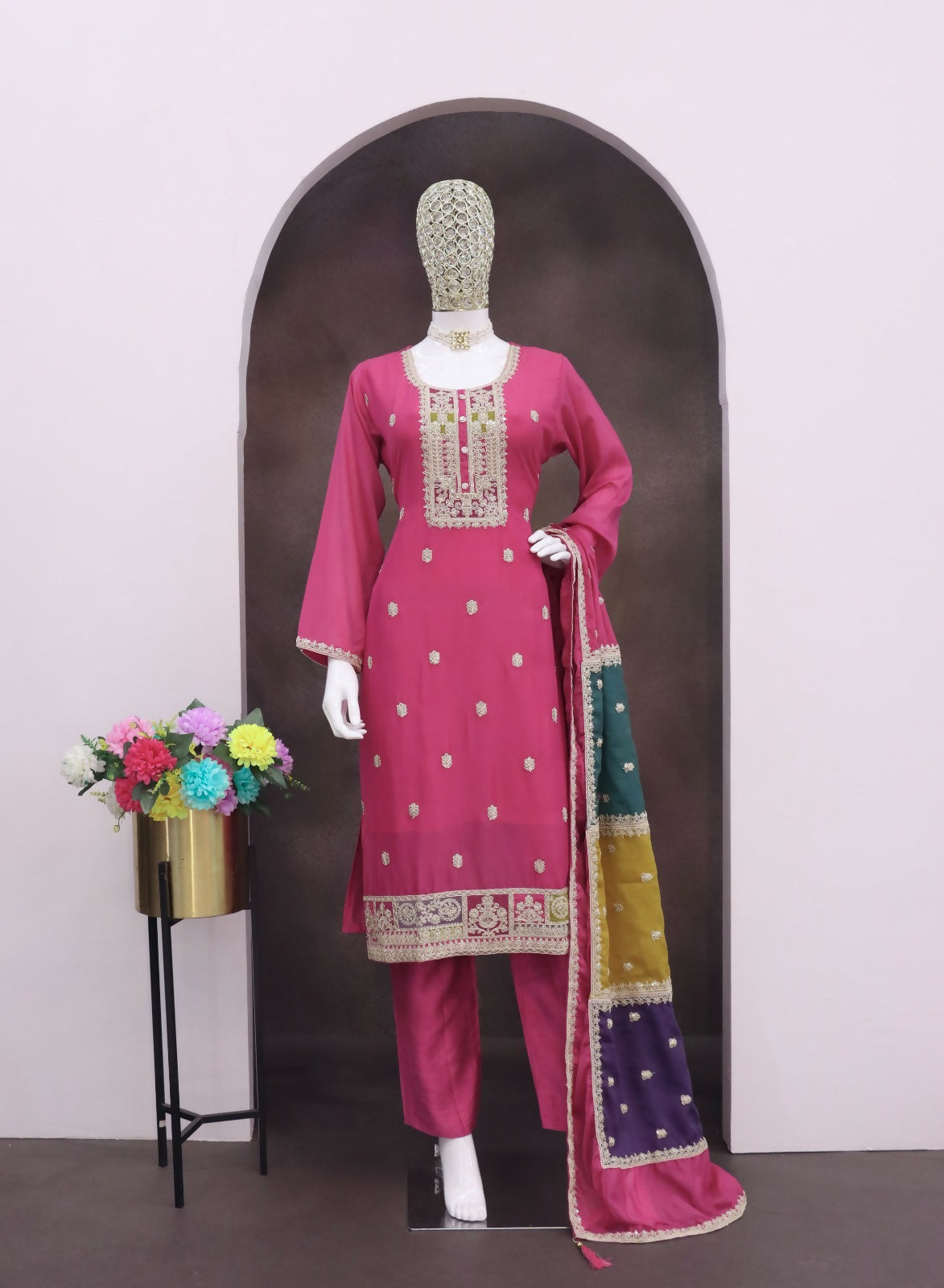 Teeya Creation Pink Color Chinon Silk Embroidery Work Wedding Wear Designer Salwar Suit | Grocsy