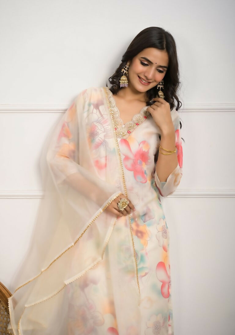 Festive Wear Ethnic Off White Premium Organza Stitched Suit With Dupatta - Tanisha | Grocsy