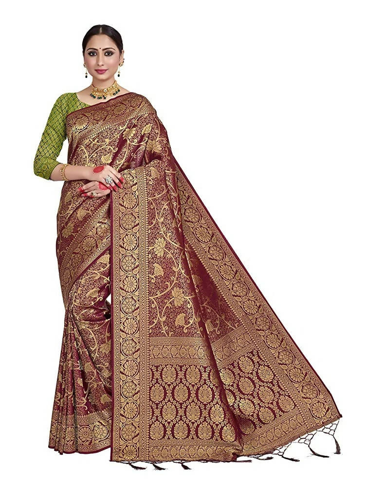 Vardha Women's Maroon Color Kanchipuram Raw Silk Saree with Unstitched Blouse Piece | Grocsy