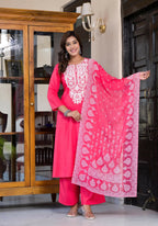 Juniper Women's Fuchsia Thread Embroidered Rayon Kurta Set | Grocsy