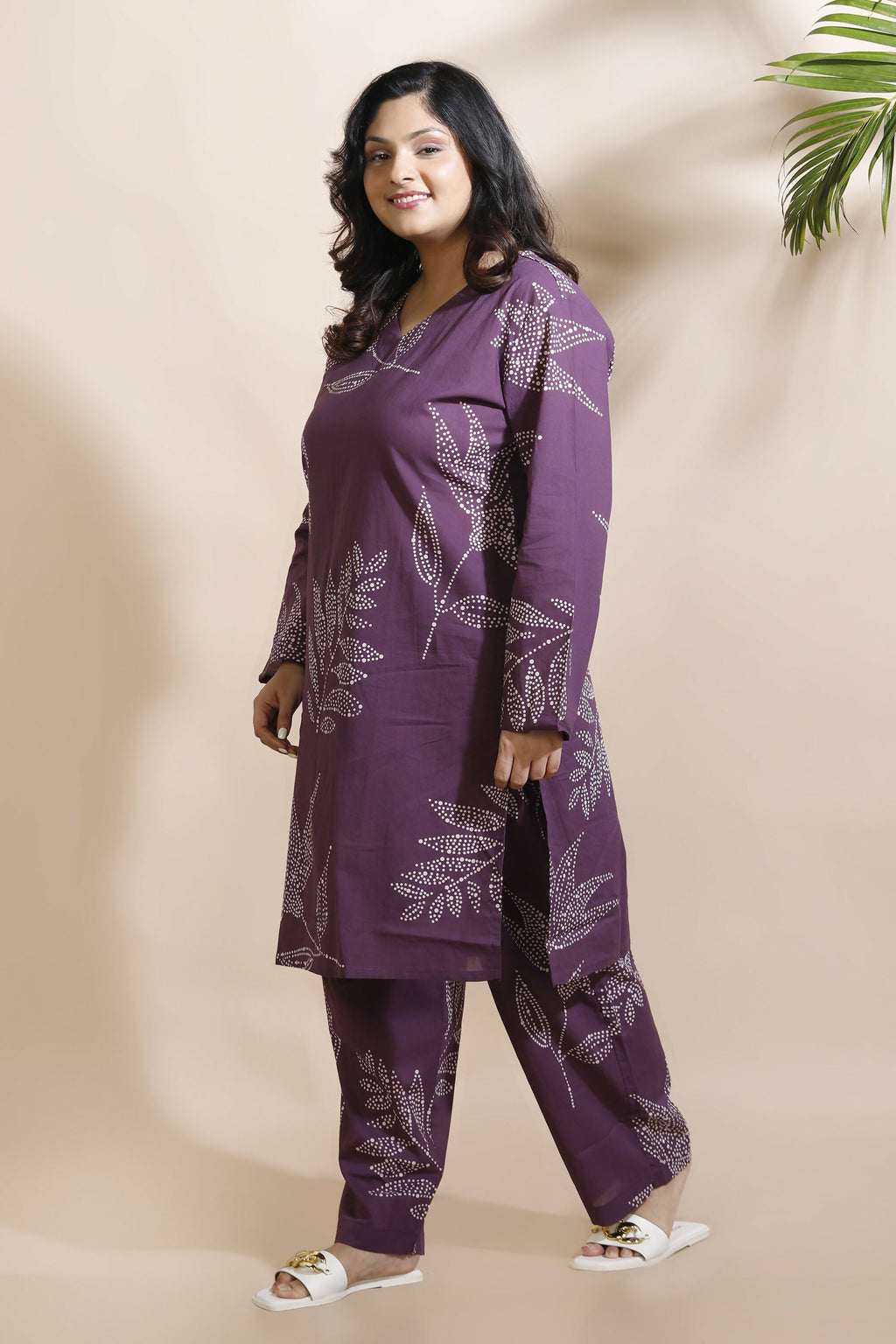 Breathables Women’S Purple Cotton Abstract Print Loungewear Co-Ord Set – Long Kurta & Pants | Grocsy
