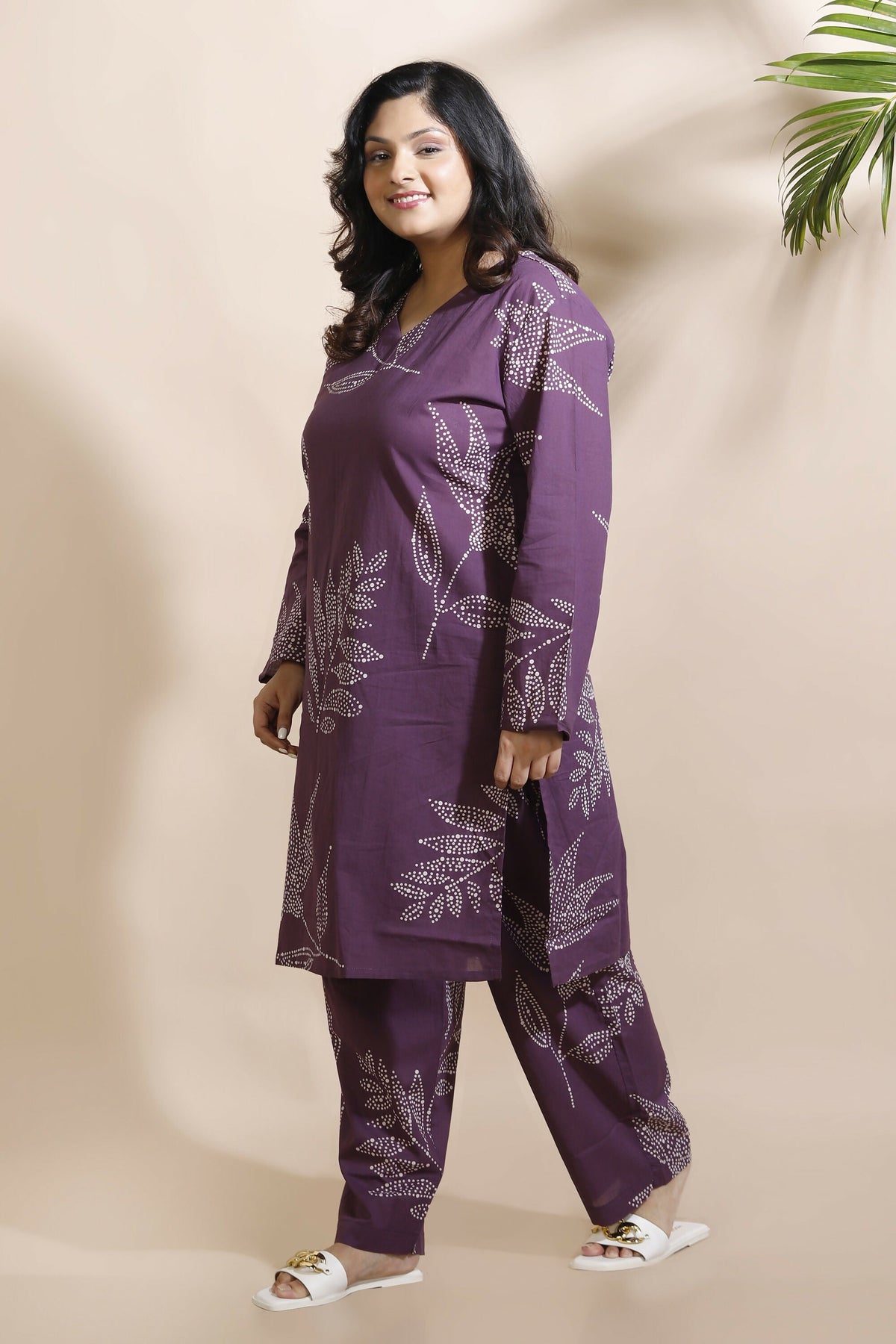 Breathables Women’S Purple Cotton Abstract Print Loungewear Co-Ord Set – Long Kurta & Pants | Grocsy