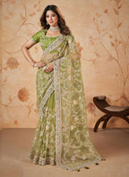 Green Net Sequence & Cord Embroidered Saree - Mohmanthan Dakshika | Grocsy