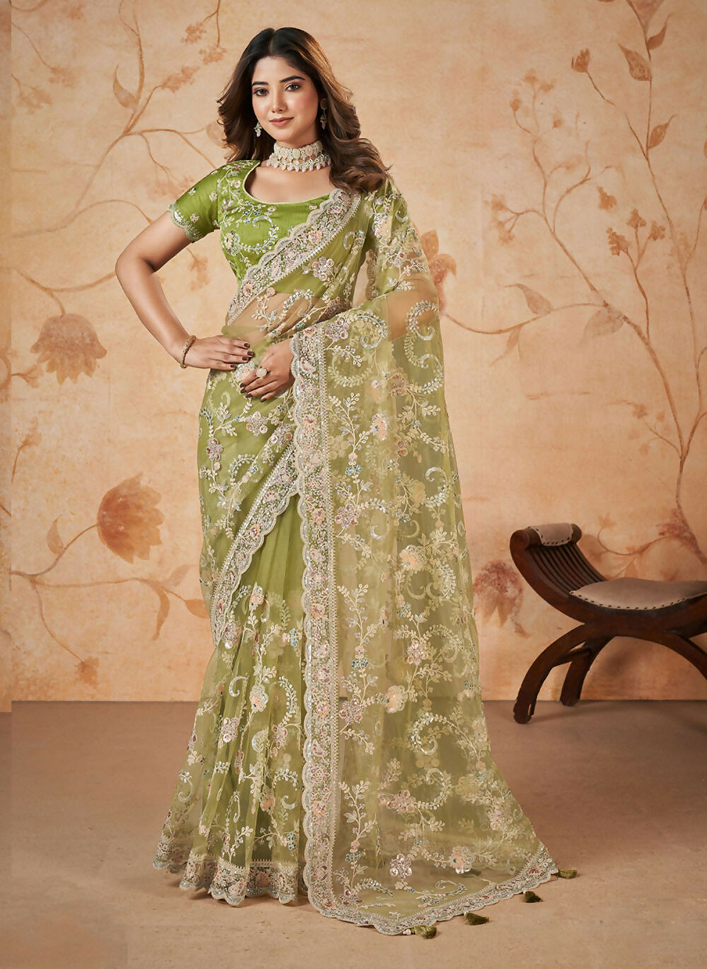 Green Net Sequence & Cord Embroidered Saree - Mohmanthan Dakshika | Grocsy