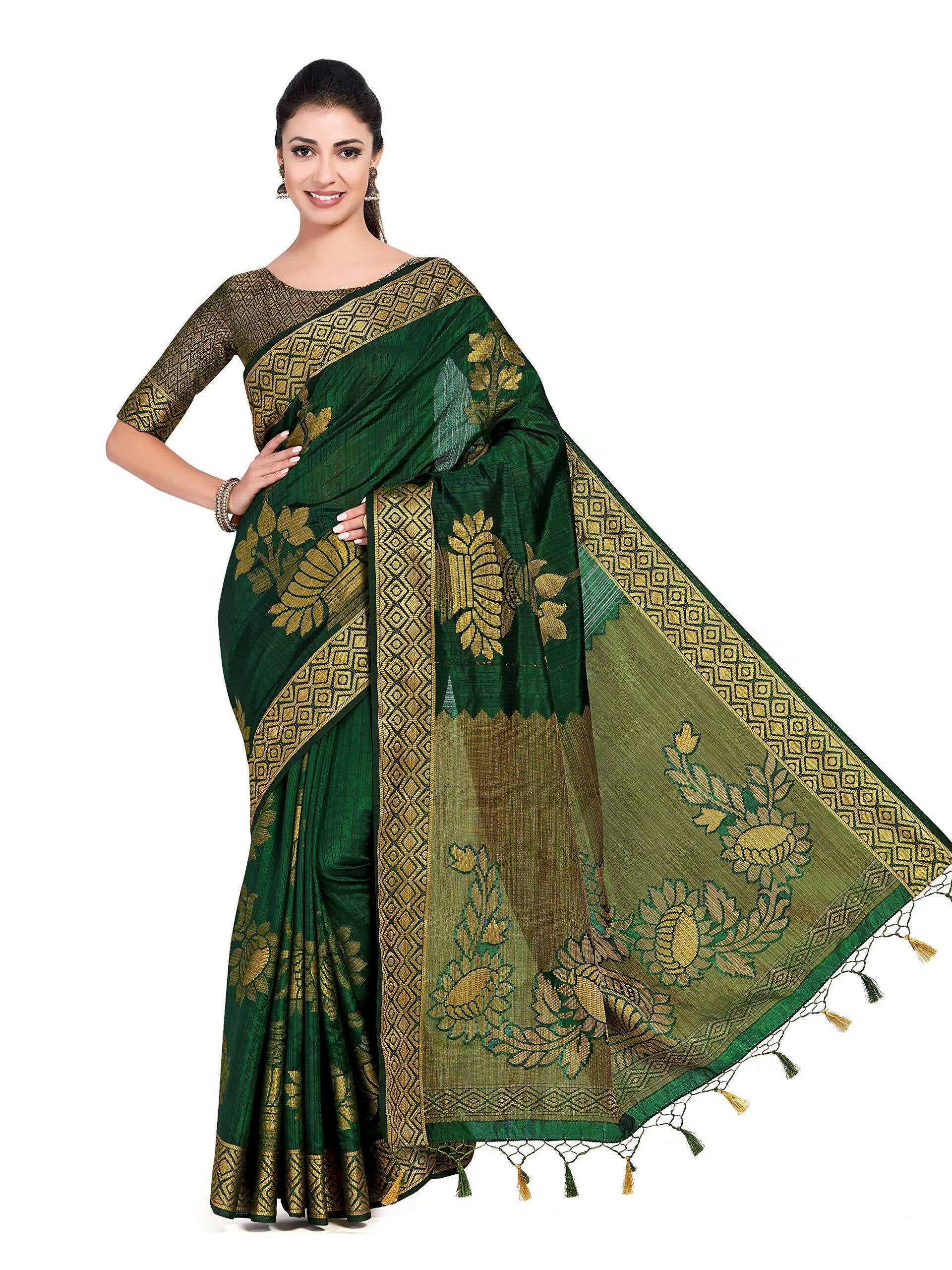 Mimosa Women's Dark Green Kanchipuram Art Silk Saree | Grocsy