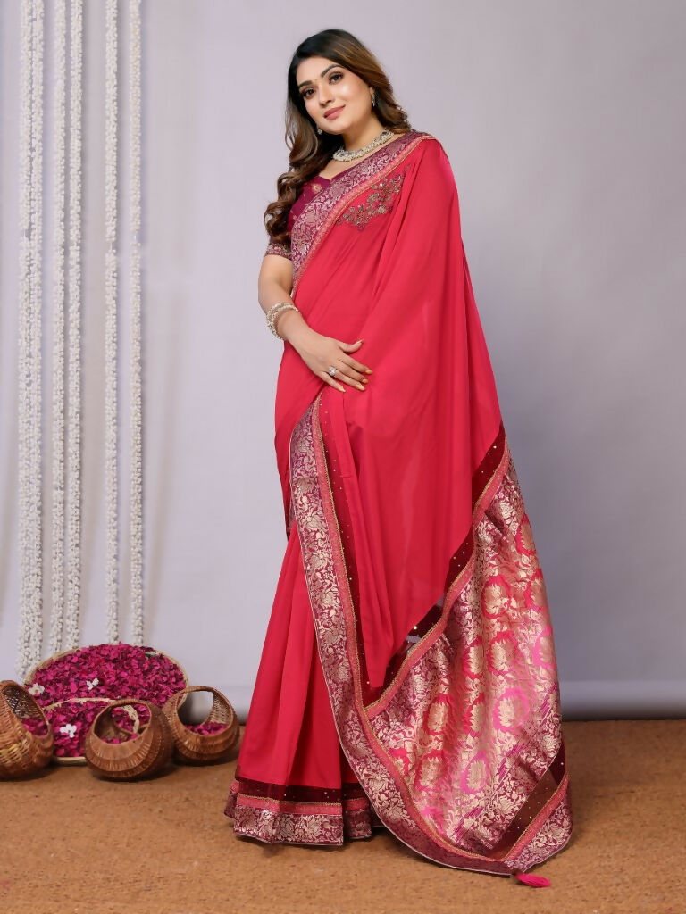 Pink Dual Tone Silk Georgette Thread Zari And Cord Embroidery Handwork Butta Saree - Norita Saumya | Grocsy
