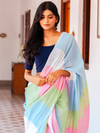 Zibaa Hand-Dyed Mul Cotton Multi-color Saree with Tassels | Grocsy