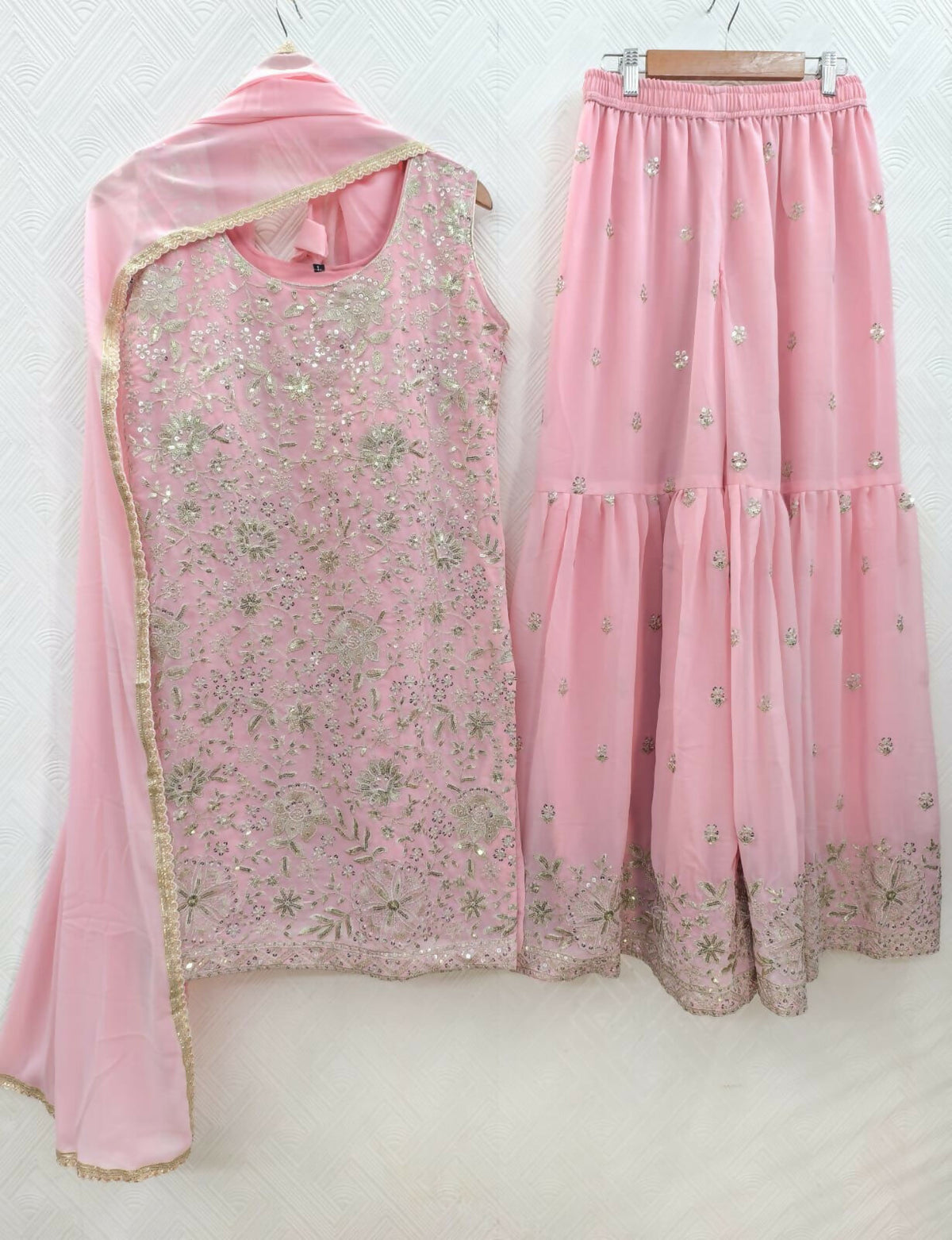 Teeya Creation Womens Georgette Pink Embroidered Sharara Set With Sequence Work And Lace Border Dupatta | Grocsy