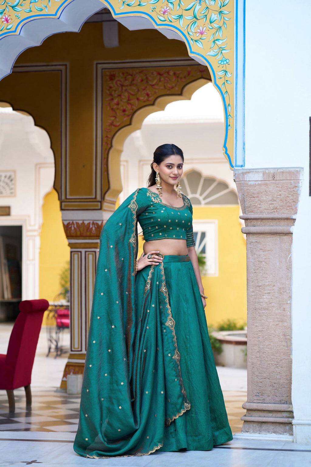 Lorenvalley Fashion Teal NC Silk Plain Lehenga Embroidery Work Choli with Dupatta | Grocsy