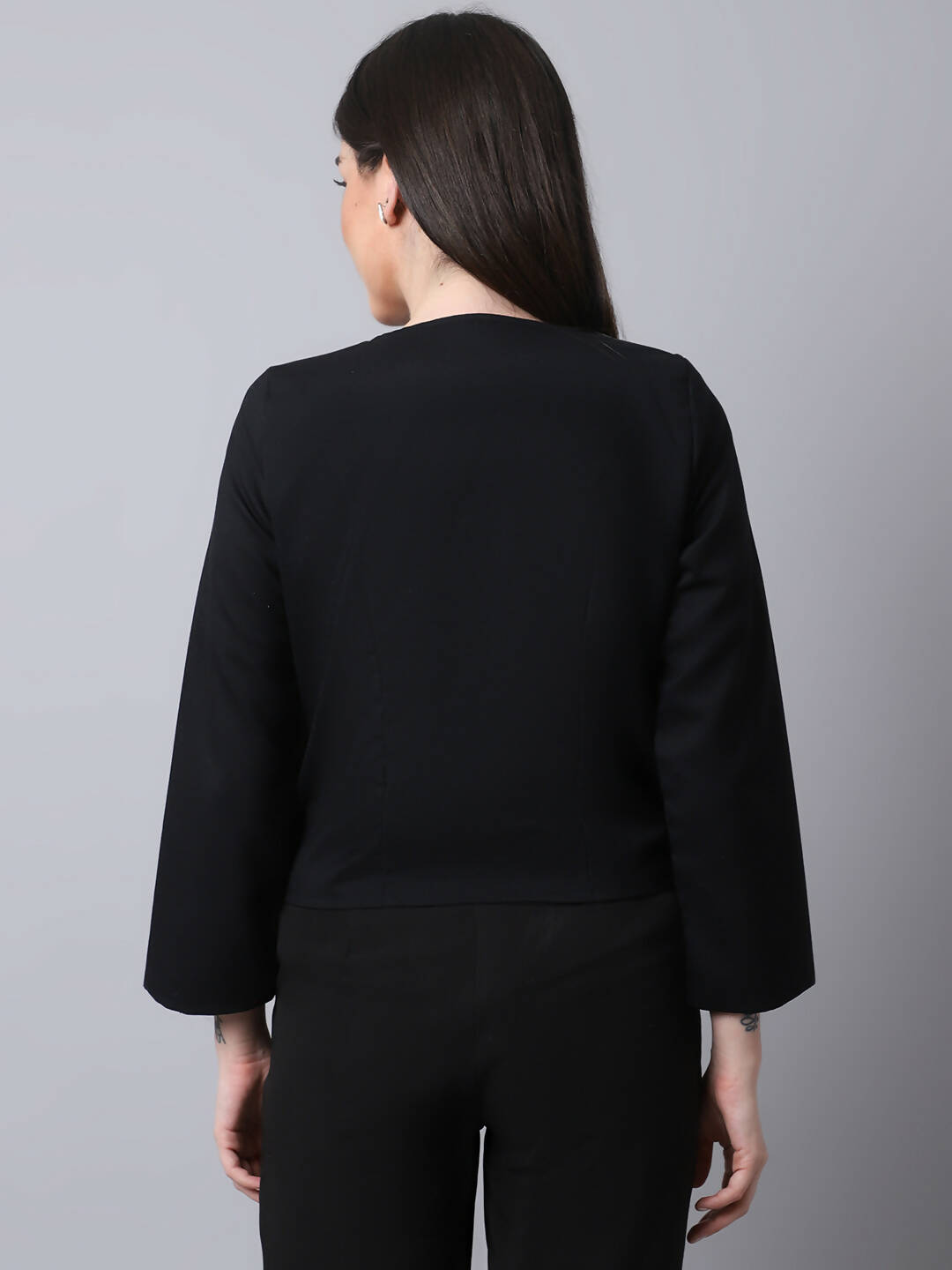 Even Apparels Black Polywool Open Front Statement Women's Jacket | Grocsy