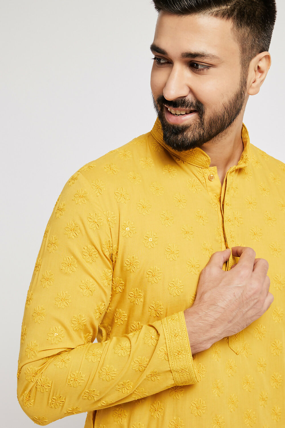 Ethnic India Yellow Men's Kurta Ethnic Motifs Cotton | Grocsy