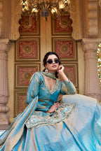 Teeya Creation Womens New Stylish Moti Beads With Cording Sequence Thread Embroidery Work Aqua-Blue Kurta Set | Grocsy