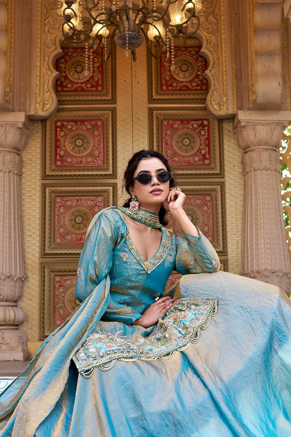 Teeya Creation Womens New Stylish Moti Beads With Cording Sequence Thread Embroidery Work Aqua-Blue Kurta Set | Grocsy