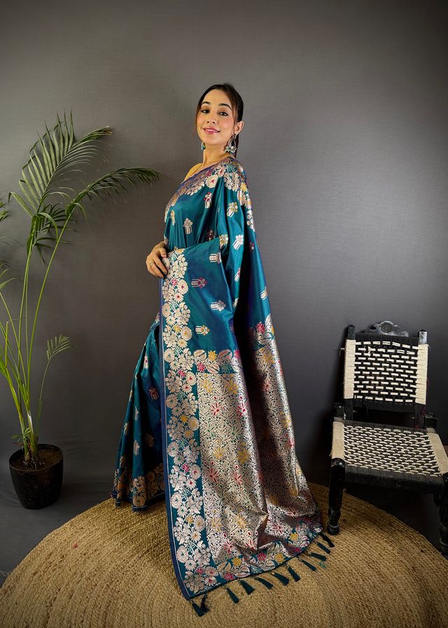 Elora Royal Blue Soft Silk Floral Zari Weaving Meenakari Saree With Floral Border | Grocsy