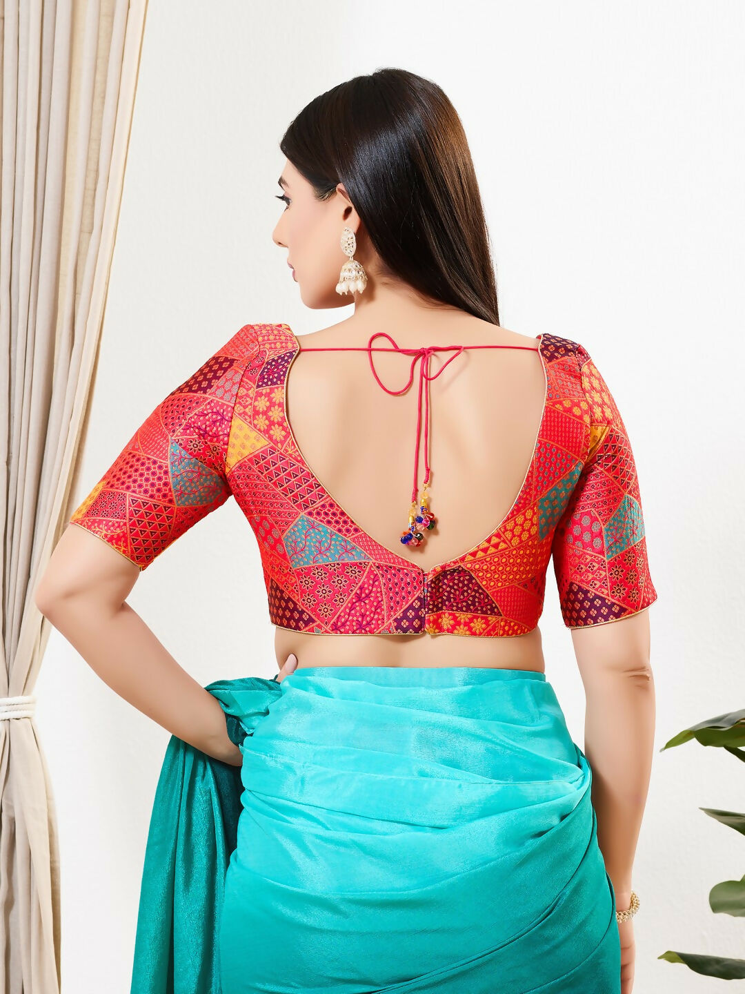 Joban Fashion Red Brocade Padded Blouse With V Neck Elbow Sleeves | Grocsy