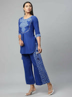 Ahalyaa Womens Royal Blue Pure Cotton Printed Tunic Palazzo Set | Grocsy