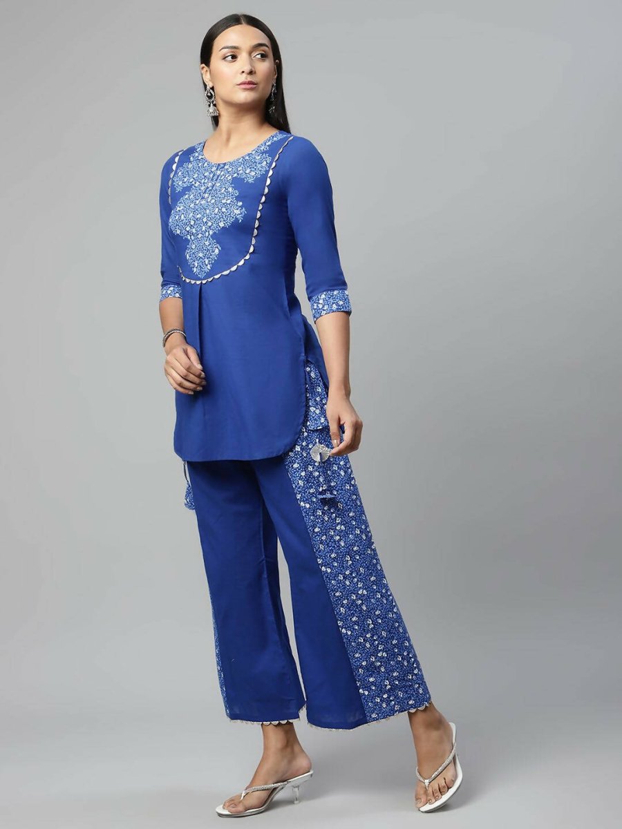 Ahalyaa Womens Royal Blue Pure Cotton Printed Tunic Palazzo Set | Grocsy