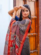 Zibaa Hand-Blocked Pure Maheshwari Silk Navy Blue Saree | Grocsy