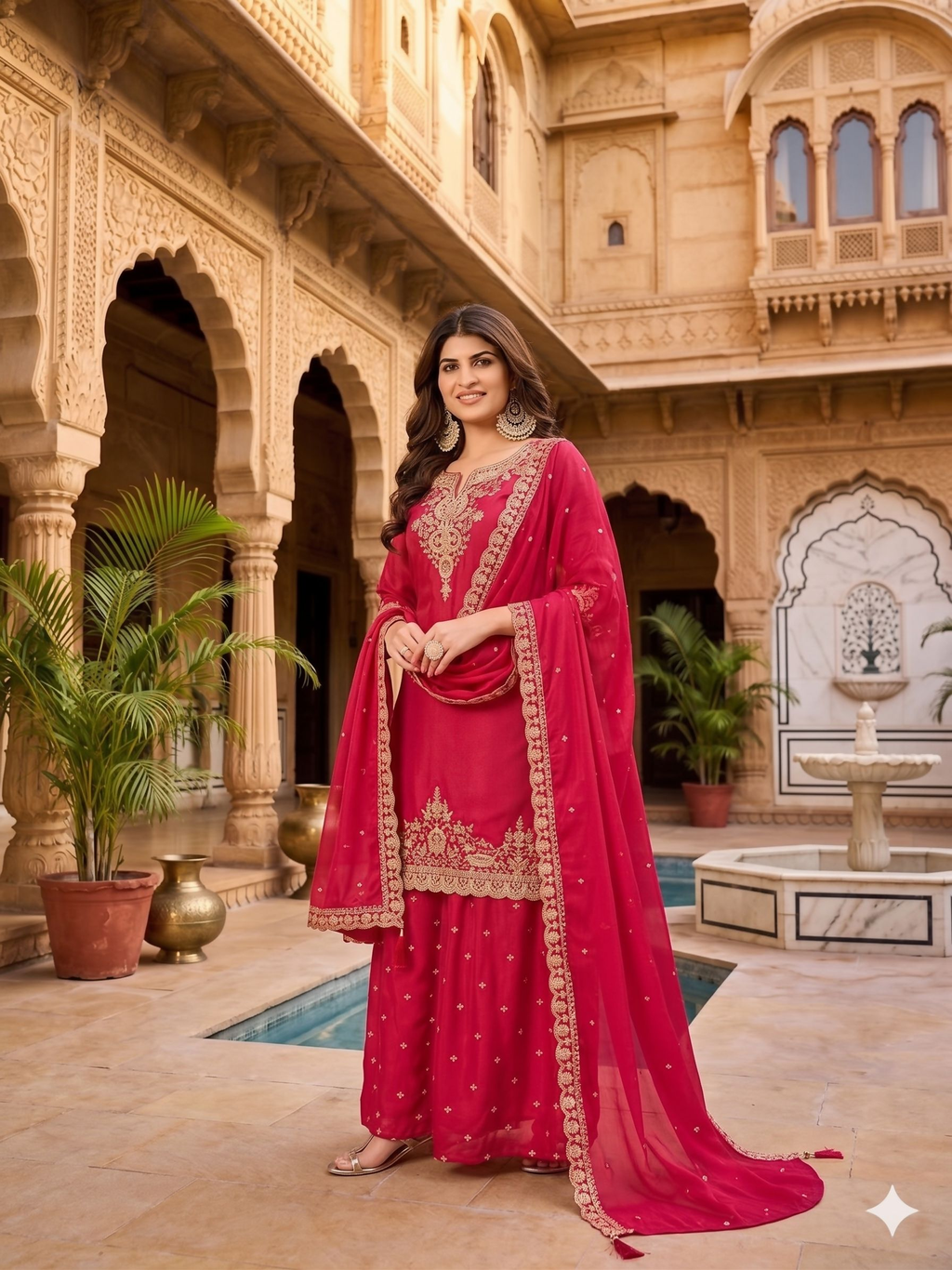 Teeya Creation Womens New Stylish Silk Embroidered Red Sharara Suit With Golden Zari Work And Lace Border Dupatta | Grocsy