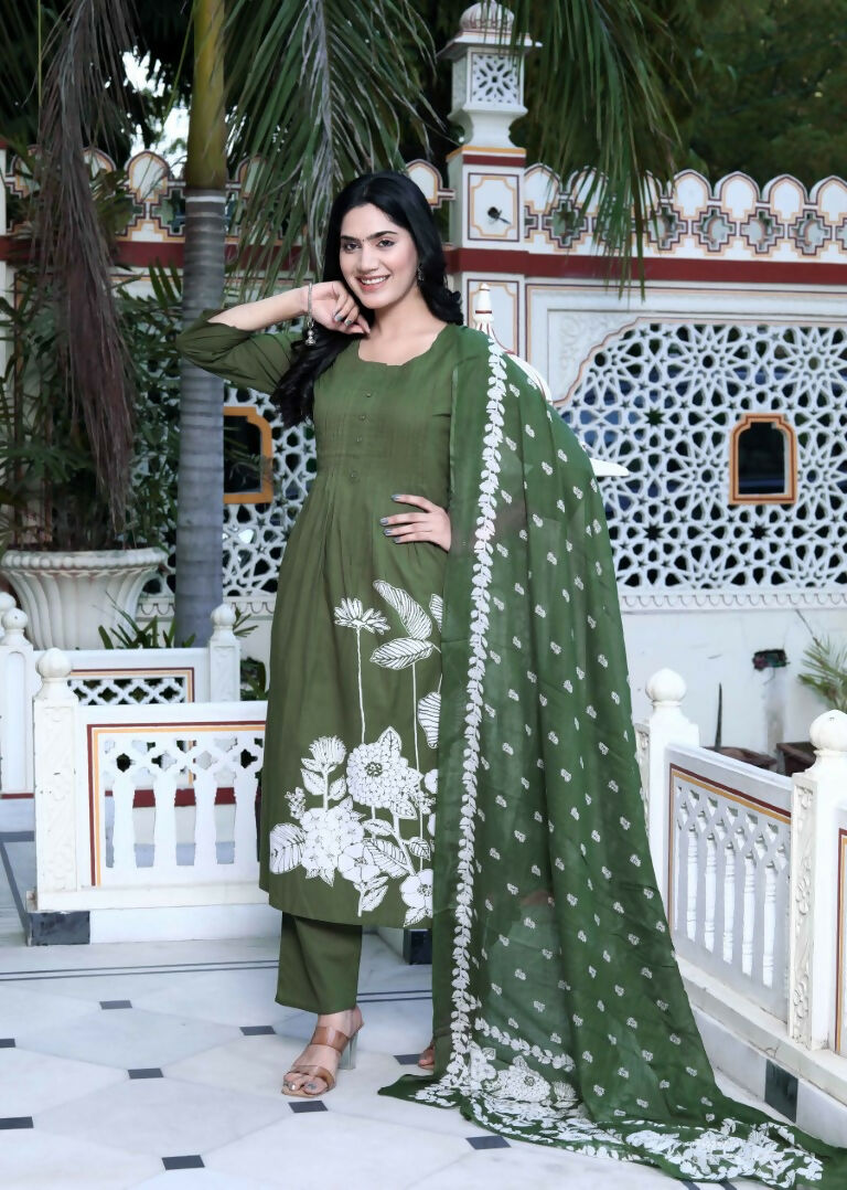 Miravan Women's Mehandi Pintucks Floral Pattern Cotton Straight Kurta with Palazzo And Floral Dupatta Set | Grocsy