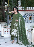 Miravan Women's Mehandi Pintucks Floral Pattern Cotton Straight Kurta with Palazzo And Floral Dupatta Set | Grocsy