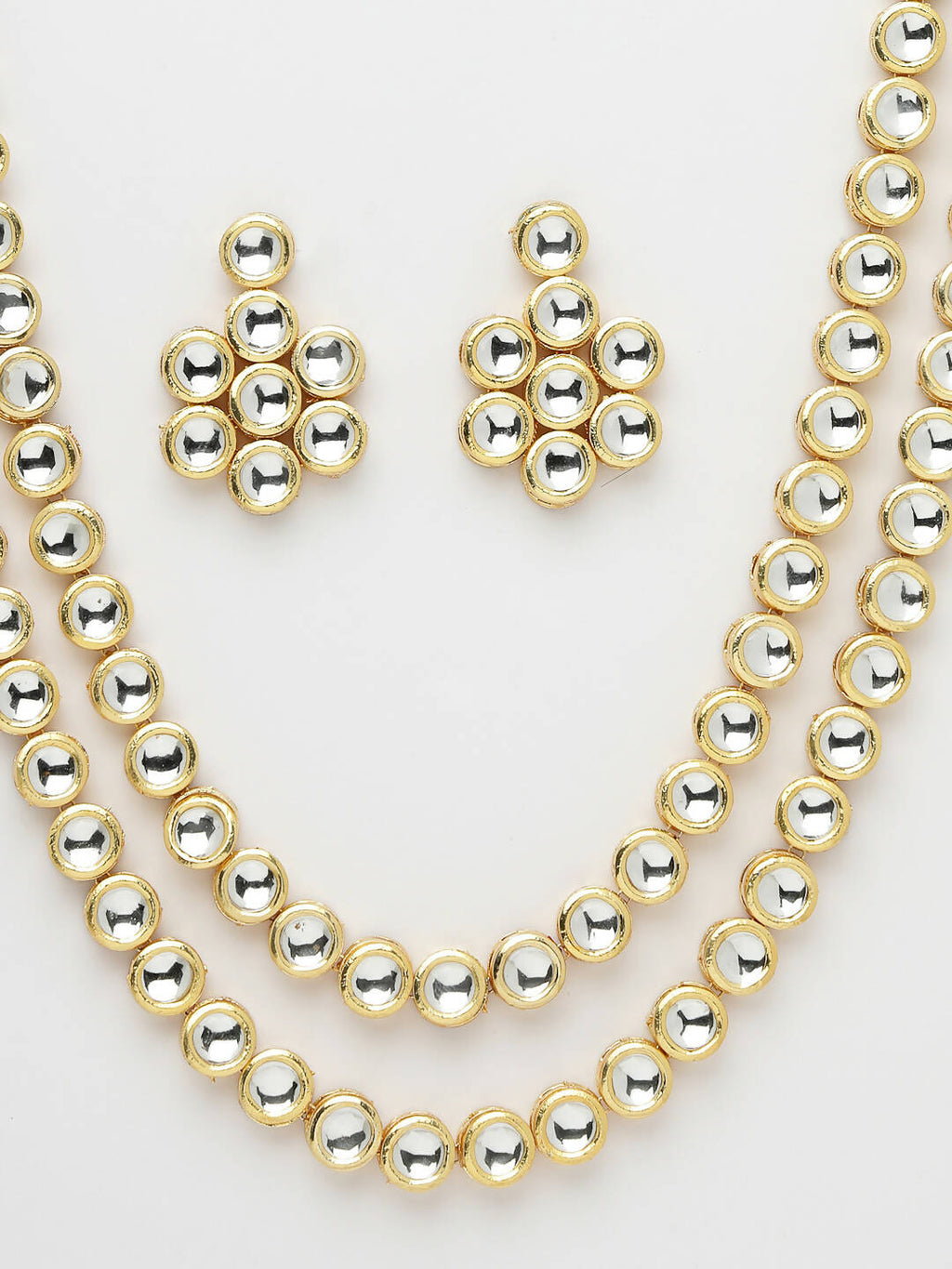NVR Women's Gold-Polished Kundan 2 Layered Handcrafted Jewellery Sets With Drop Earrings | Grocsy