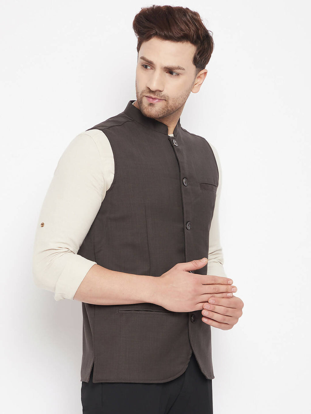 Even Apparels Brown Merino Men Woven Nehru Jacket | Grocsy