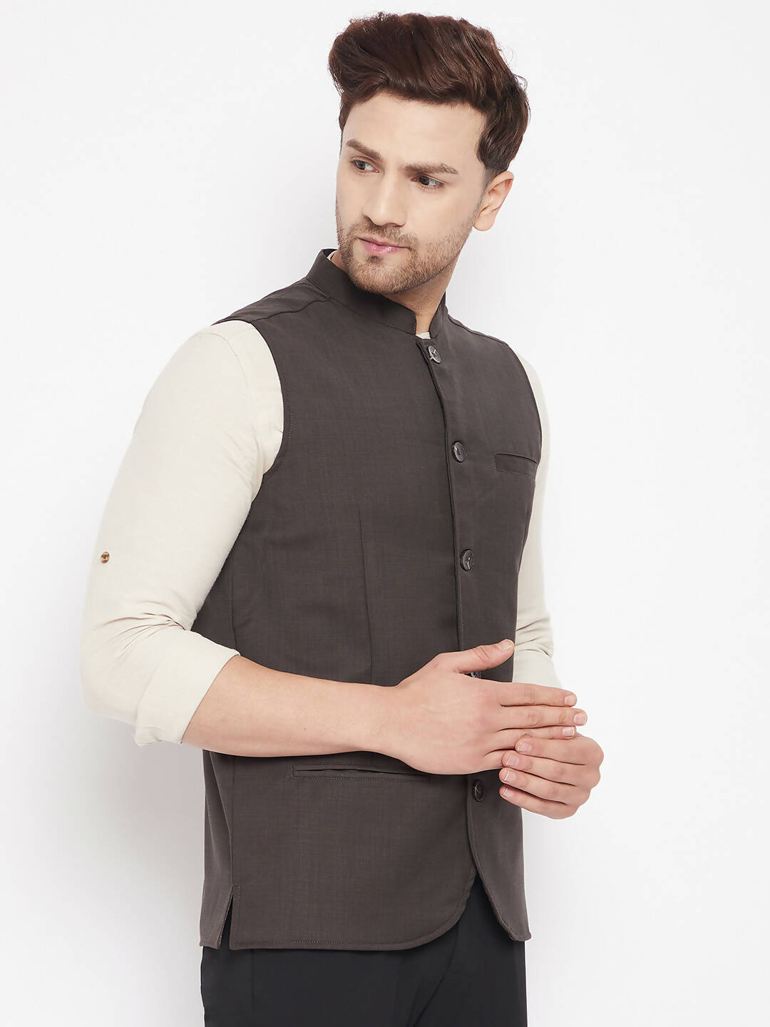 Even Apparels Brown Merino Men Woven Nehru Jacket | Grocsy