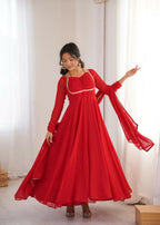 The52 Women's Gorgeous Solid Fox Blooming Georgette Fabric Flared Anarkali and Dupatta Set-Red | Grocsy