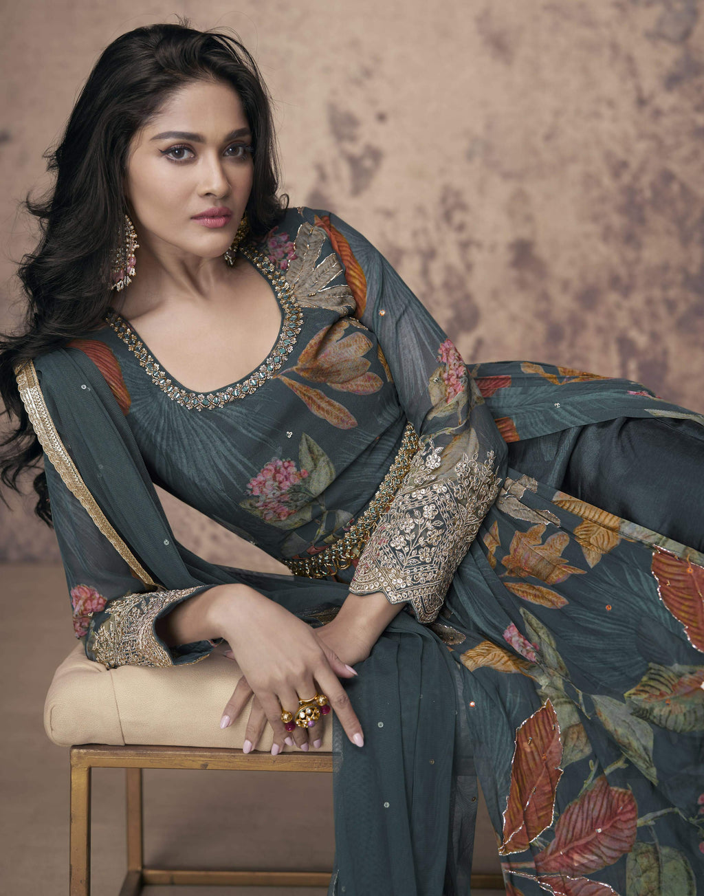 Vastranavya Georgette Digital Print With Sequence Embroidery Stitch Work Side Slit Abaya Style Suit | Grocsy