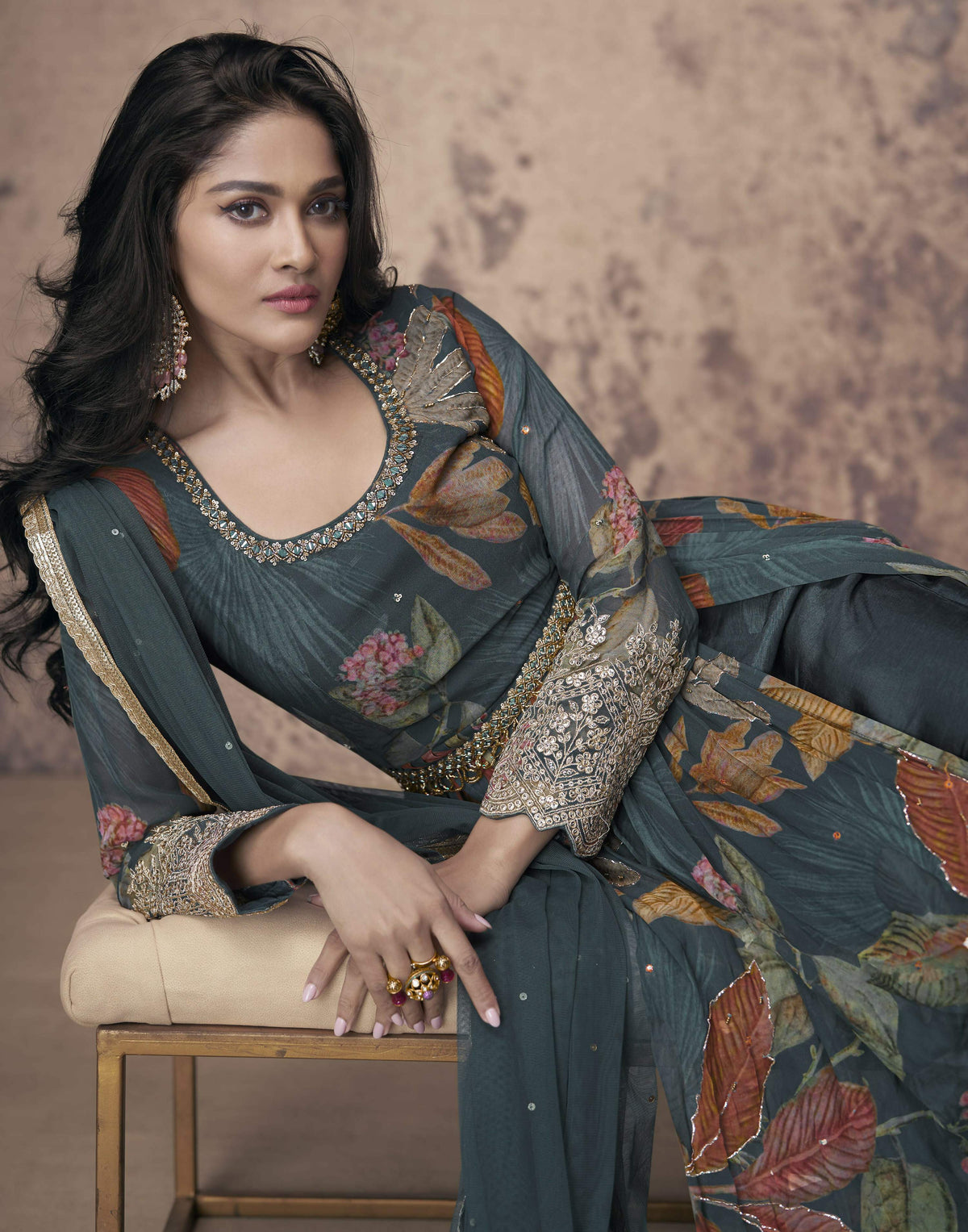 Vastranavya Georgette Digital Print With Sequence Embroidery Stitch Work Side Slit Abaya Style Suit | Grocsy