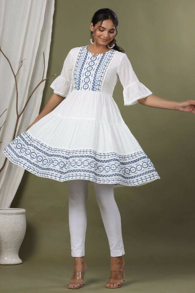 Juniper White Cotton Dobby Festive Embroidered Tiered Dress For Women | Grocsy
