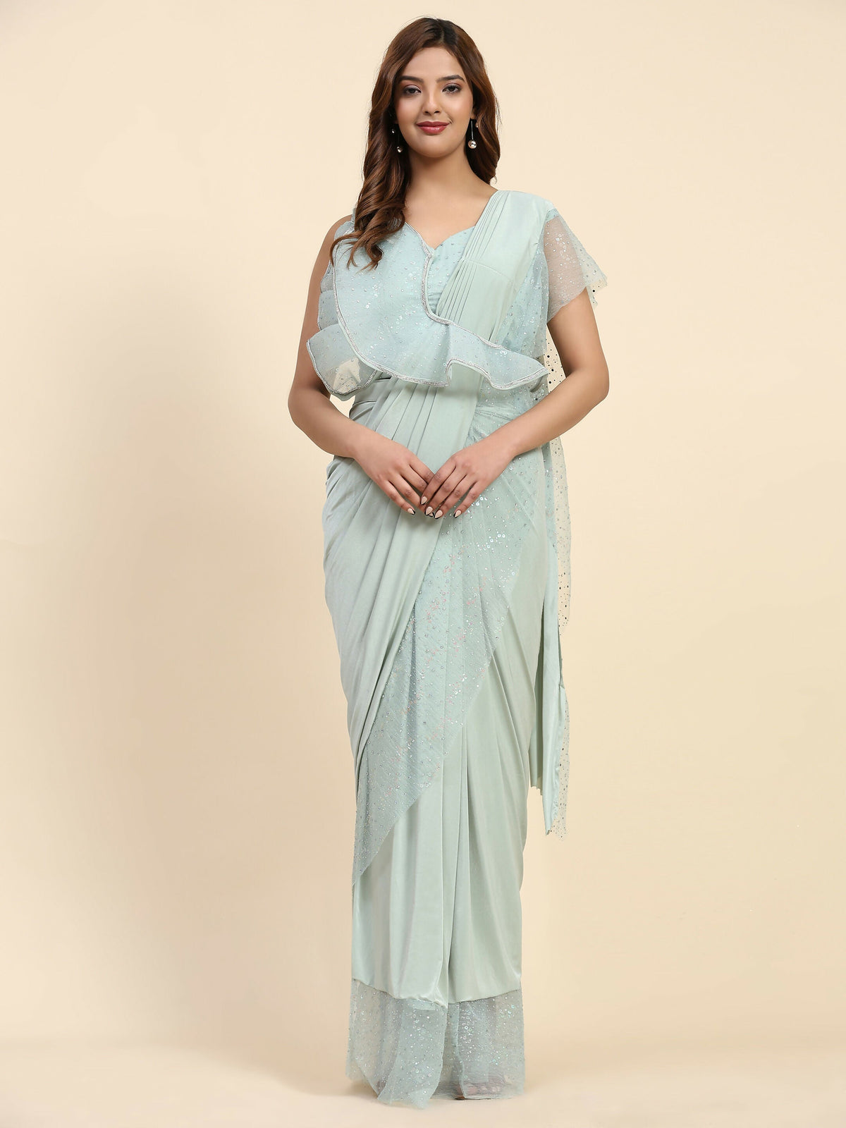 Light Blue Lycra Solid Ready to Wear Saree with stitched Blouse - Nita | Grocsy