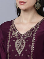 Myshka Stylish Maroon 3/4 Sleeve Women's Kurta Pant with Dupatta Set | Grocsy