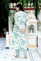 Miravan Women's Light Green Scenic Birds And Leaf Straight Pakistani Style Kurta And Palazzo | Grocsy