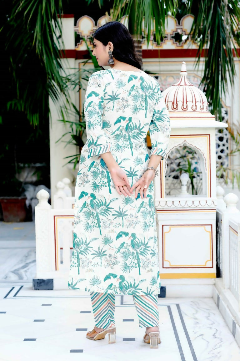 Miravan Women's Light Green Scenic Birds And Leaf Straight Pakistani Style Kurta And Palazzo | Grocsy