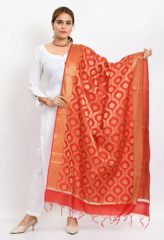 Mominos Fashion Moeza Women's Banarsi Silk All Over Woven Design Red Dupatta | Grocsy
