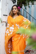 Exclusive Collection Beautiful Orange Pure Cotton Hand Print Handloom Saree With Running Blouse Piece | Grocsy