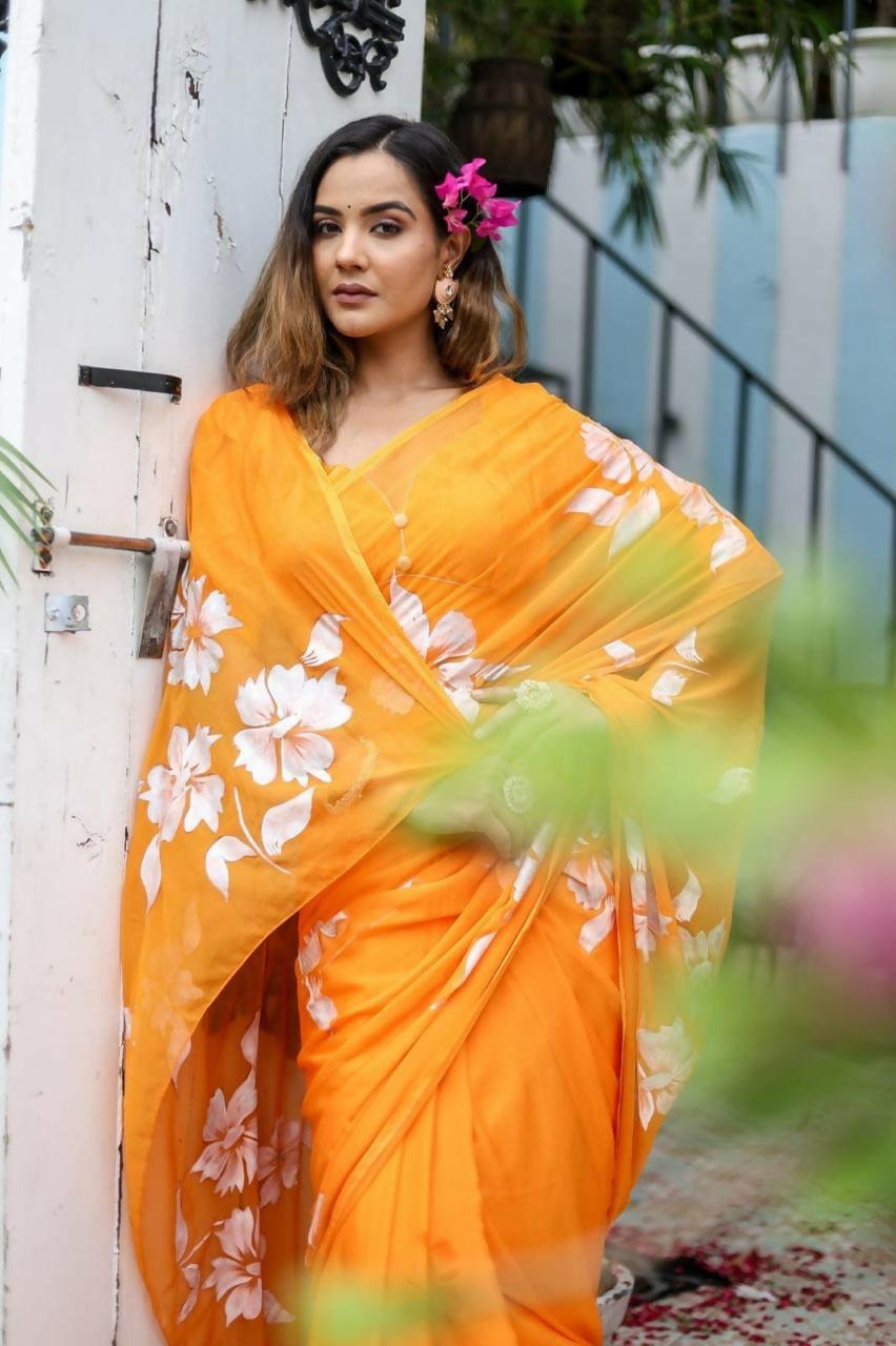 Exclusive Collection Beautiful Orange Pure Cotton Hand Print Handloom Saree With Running Blouse Piece | Grocsy
