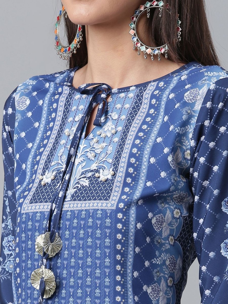 Ahalyaa Women Navy Blue Crepe Floral Print kurta With Palazzo | Grocsy