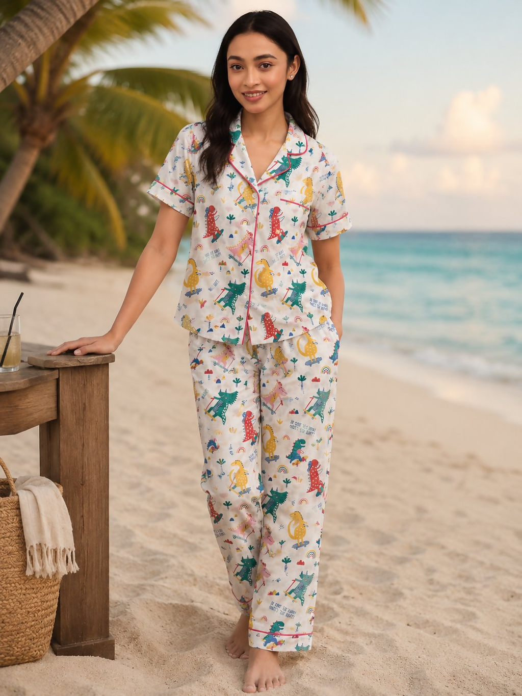 Breathables Woven Cotton Half Sleeves Dino Shirt & Pyjama White | Grocsy