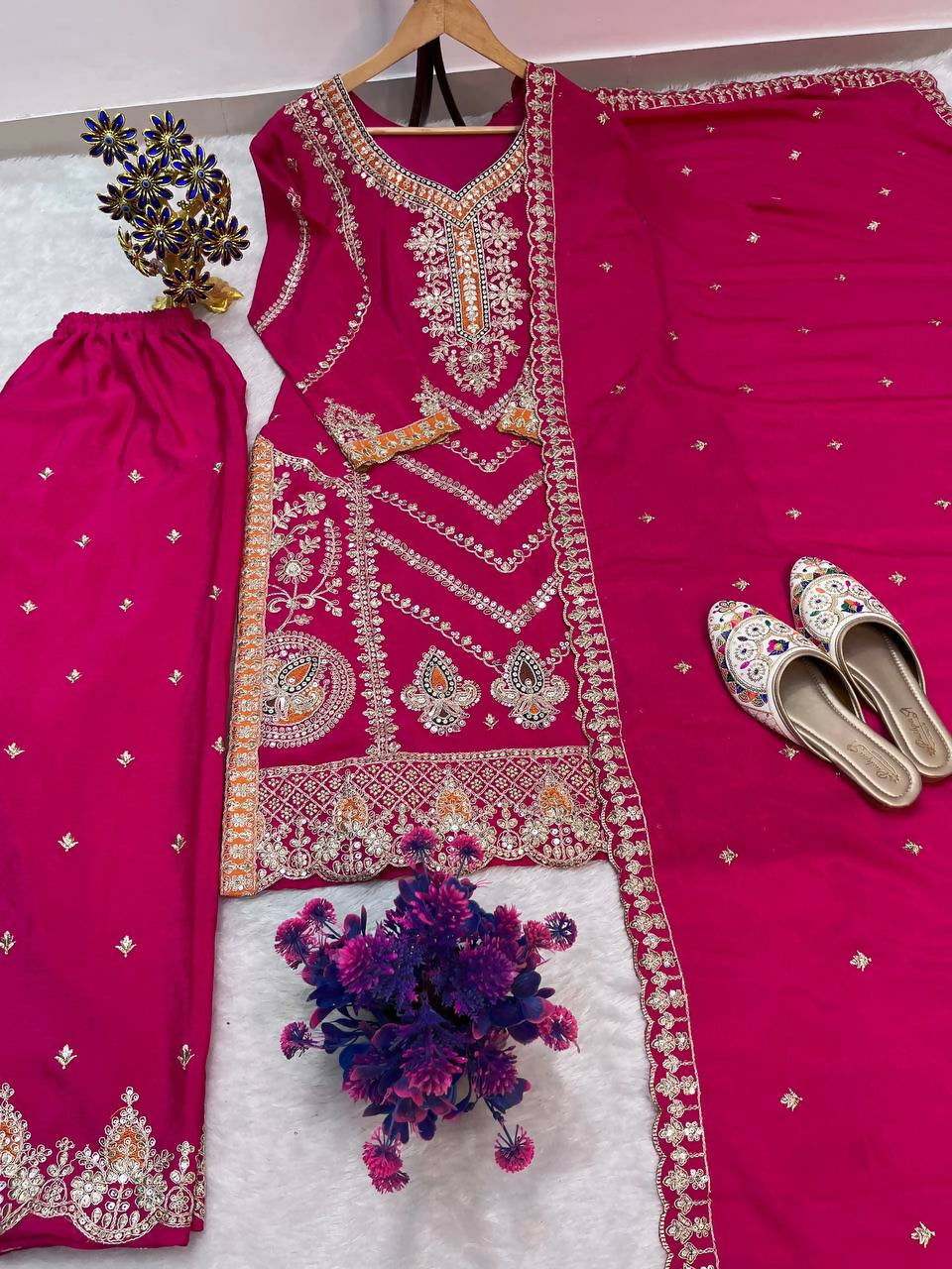 Teeya Creation Rani Color Chinon Silk Party Wear Trending Palazzo Set | Grocsy