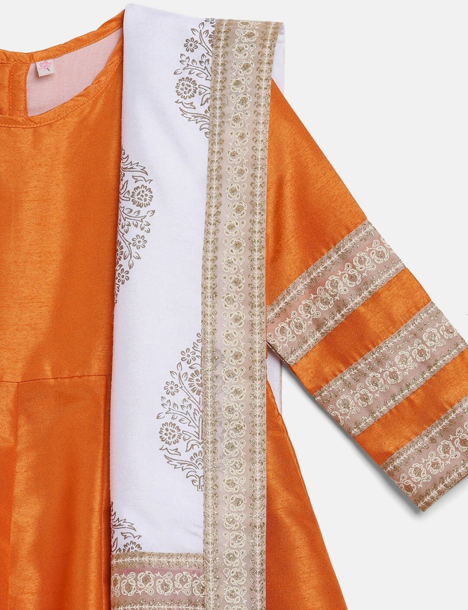 Ahalyaa Orange Poly Silk Anarkali Kids Kurta With Dupatta Set For Girls | Grocsy