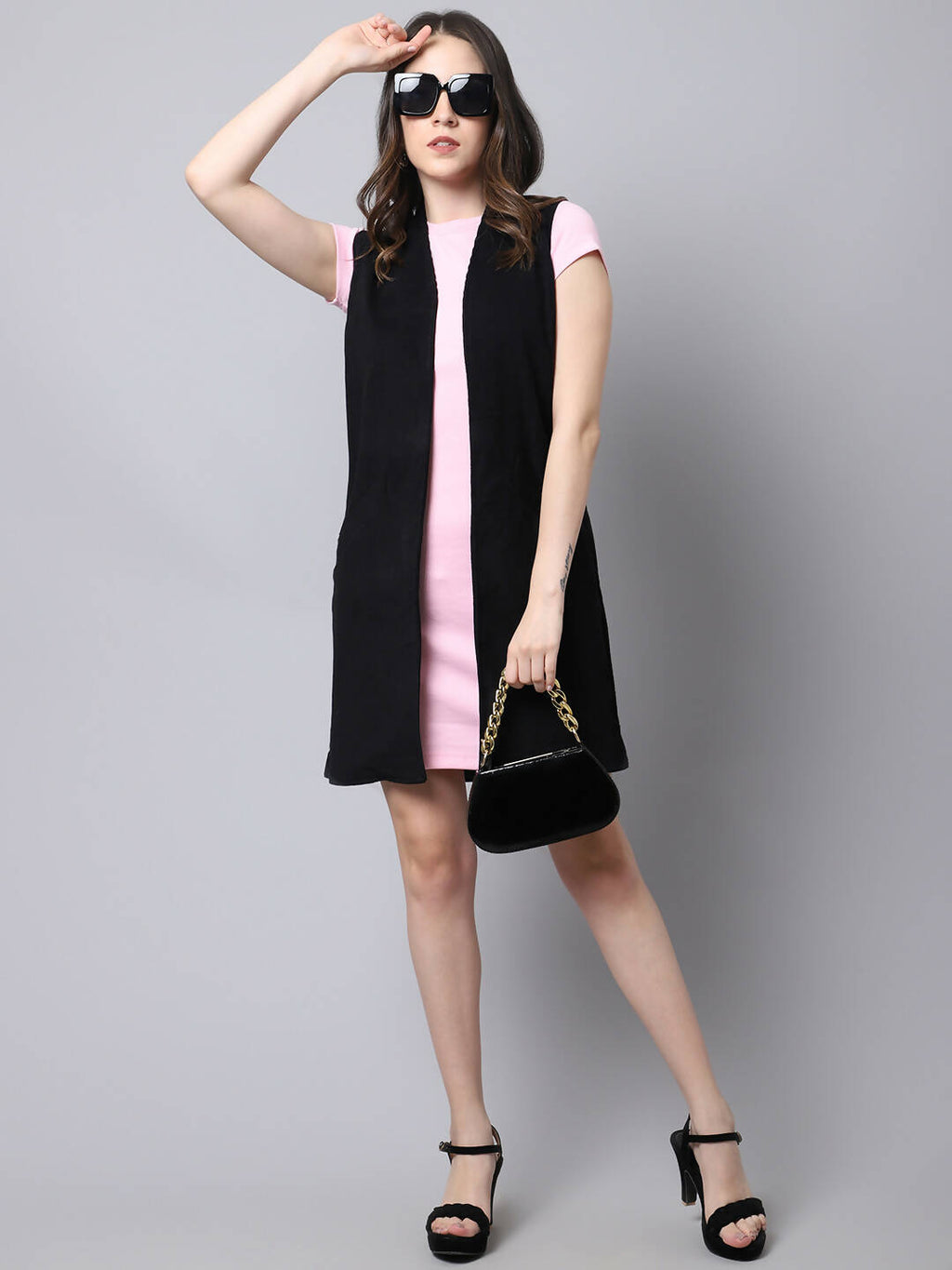 Even Apparels Black Polywool Open Front Corduroy Women's Long Coat | Grocsy